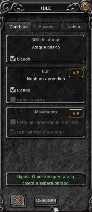 A janela do Idle dentro do jogo, com as abas Combate, Poções e Coleta