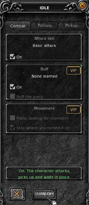 The Idle window in game, with the Combat, Potions and Pickup tabs