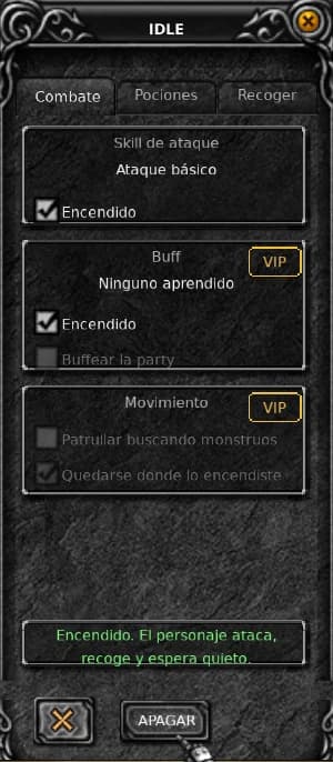 La ventana del Idle dentro del juego, con las pestañas Combate, Pociones y Recoger